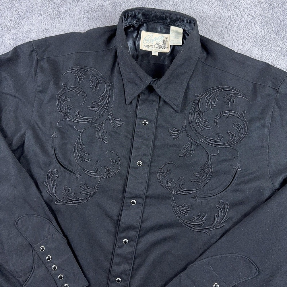 Roper‎ Shirt Mens XL Black Embroidered Western Pearl Snap Front Lined Cowboy